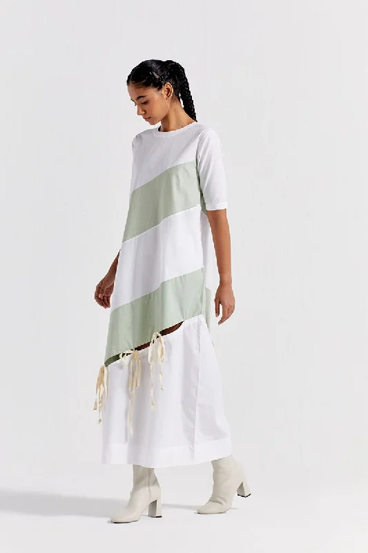 Self Tie Panel Dress - White And Mint