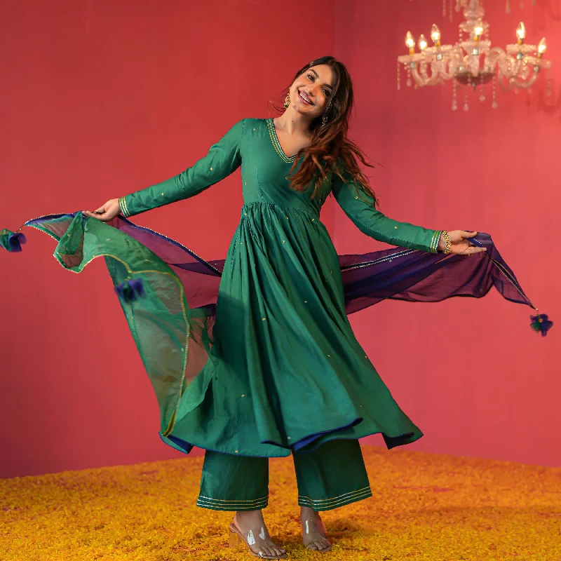 Green Chanderi Suit with Organza Dupatta