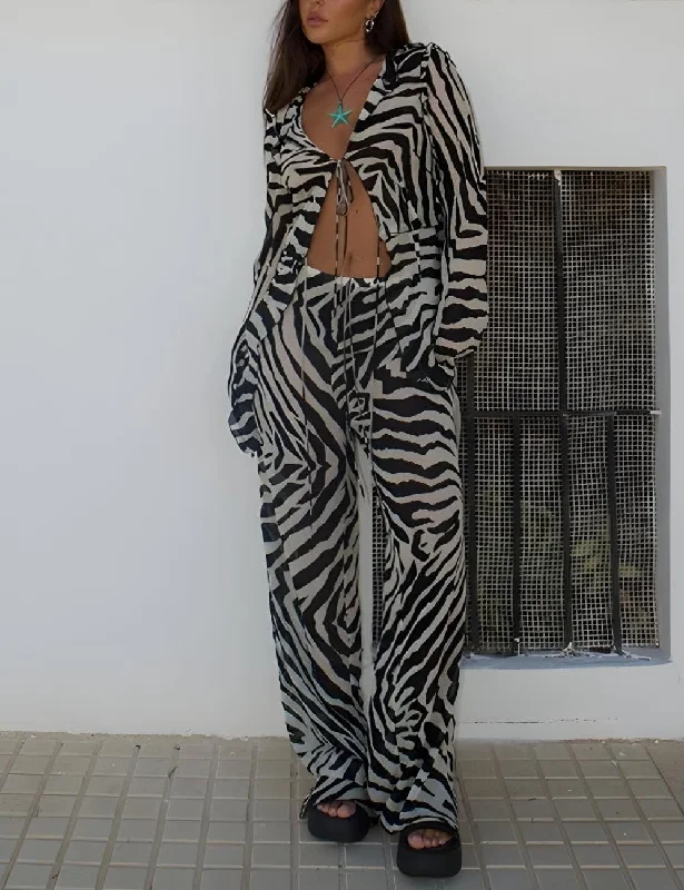 Zebra Tie Up Blouse & Pants Two Piece Set