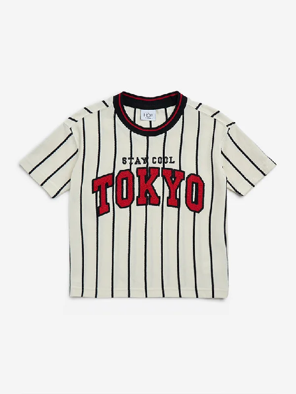 HOP Kids Off-White Text Embroidered Cotton T-Shirt