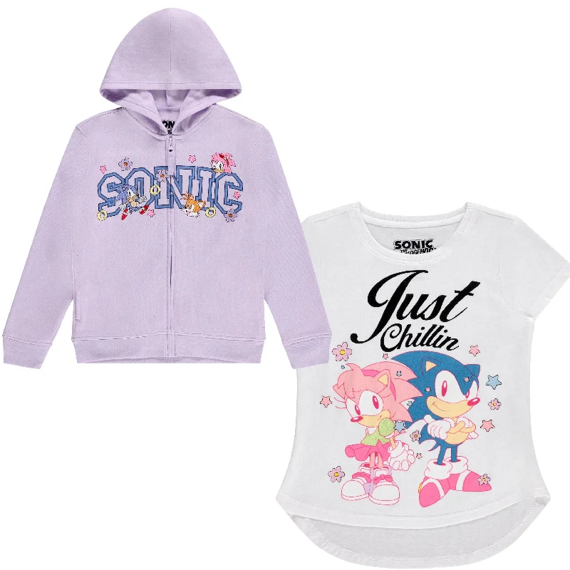 Girls Sonic The Hedgehog Zip Up Hoodie and Short Sleeve T-Shirt Clothing Set -Girls Sizes 4-16