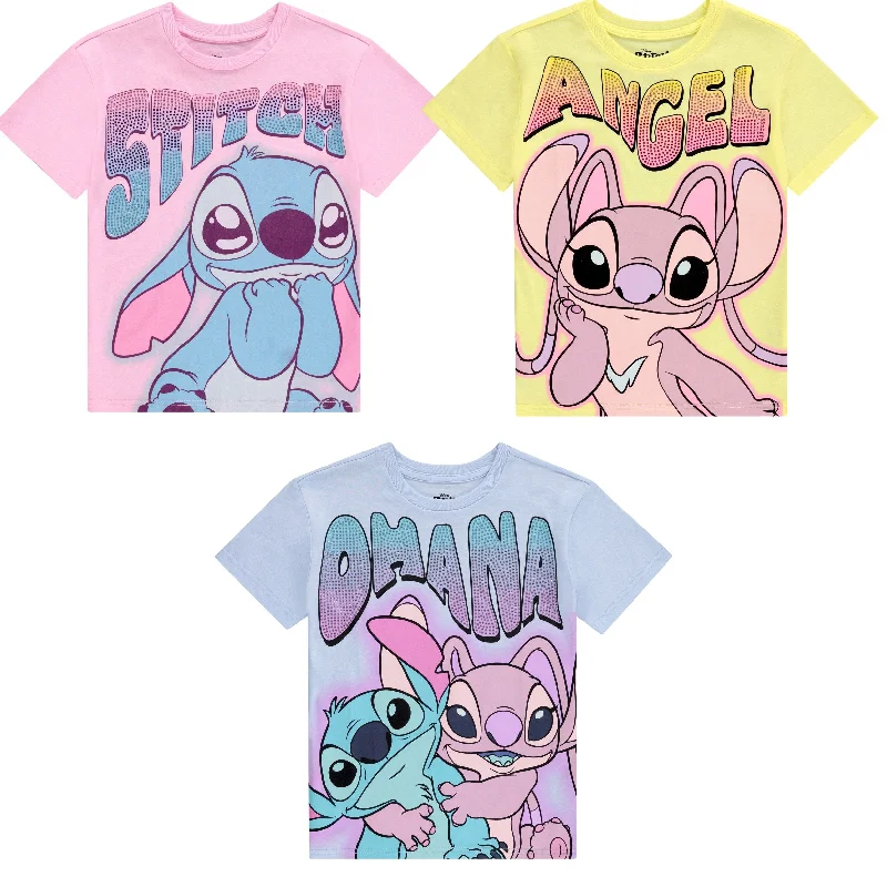 Disney Lilo and Stitch Girls Short Sleeve T-Shirt- Stitch & Angel Girls Tee with Rhinestones Sizes 4-16