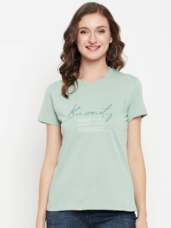 Women's Casual Regular Short Sleeve Pista Green Round neck Typographic Print T-Shirt