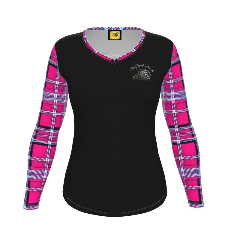 TRP Twisted Patterns 06: Digital Plaid 01-04A Ladies Designer V-neck Slim Fit Long Sleeve Jersey T-shirt