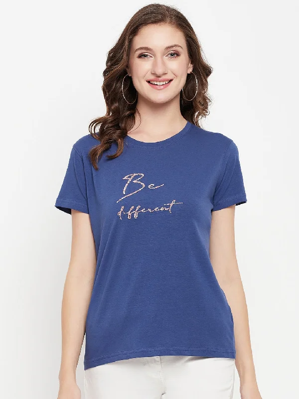 Women's Casual Regular Short Sleeve Blue Round neck Typographic Print T-Shirt