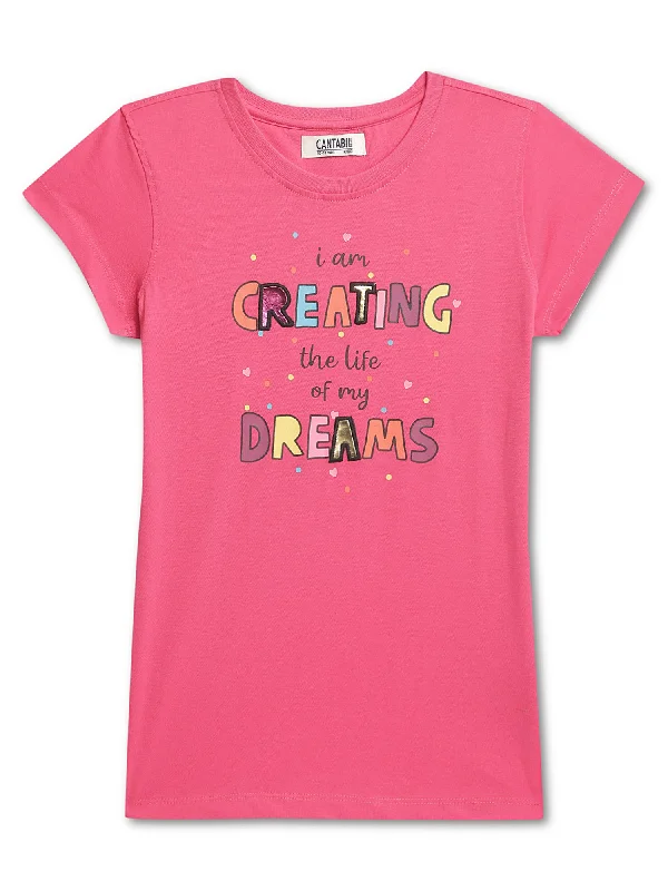 Girls Pink Round Neck Printed T-Shirt