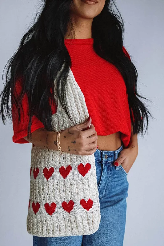 Red Heart Sweater Bag for Women in Off White/Red | HEART-BAG-GL-RED