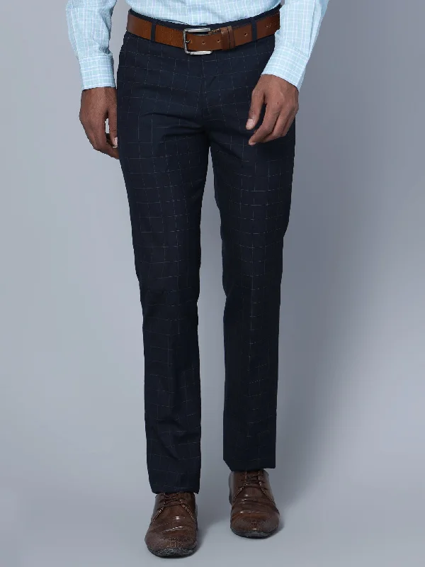 Men's Formal Flat front Navy Blue Checks Trousers