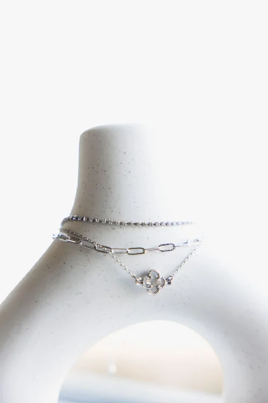 3 Piece Clover Bracelet Set in Silver | IBA101 RHCRY