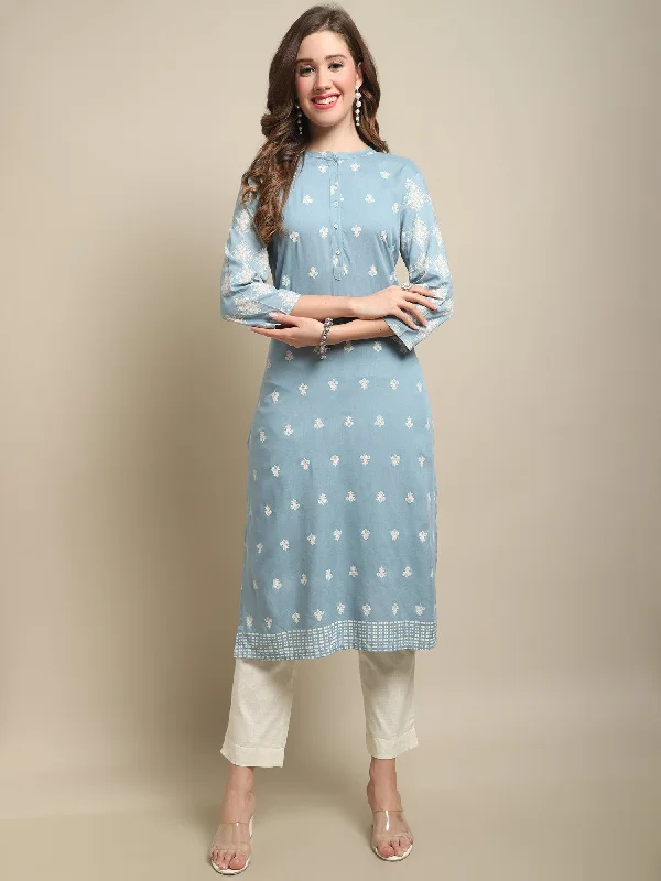 Women's Casual Band Collar Sky Blue All over Printed Calf length Kurti