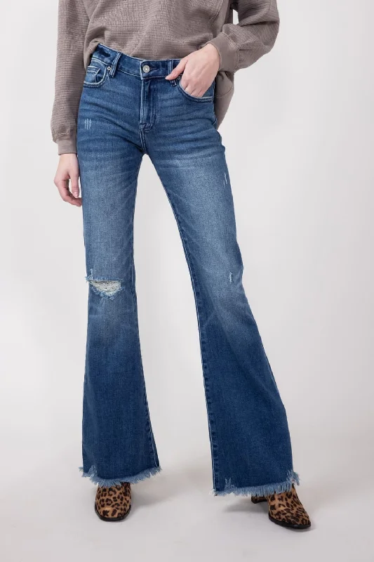 Hidden Mid-Rise Flare Distressed Jeans for Women | HD3274-DK