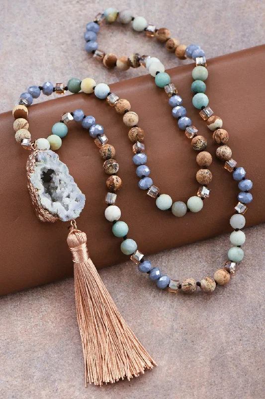 Stone Bead Necklace with Druzy Tassel Pendant