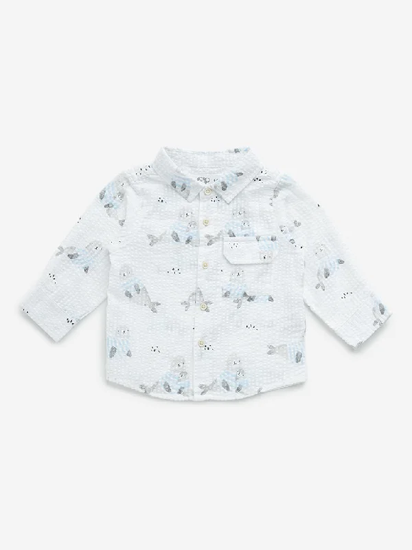 HOP Baby White Animal Printed Seersucker Cotton Shirt