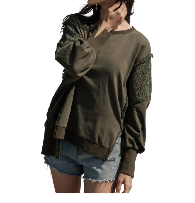 With Lace On Sides & Sleeves Sweatshirt In Army Green