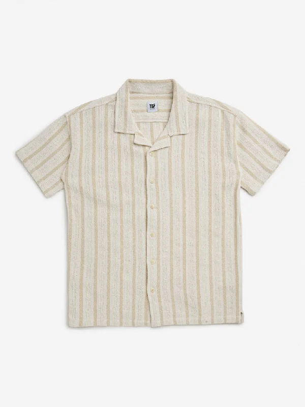 Y&F Kids Beige Striped Resort-Fit Cotton Blend Shirt