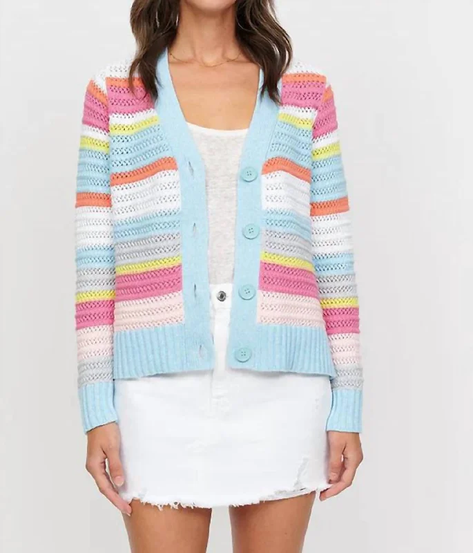 Lauren Textured Stripe Vee Cardigan In Seafoam Multi