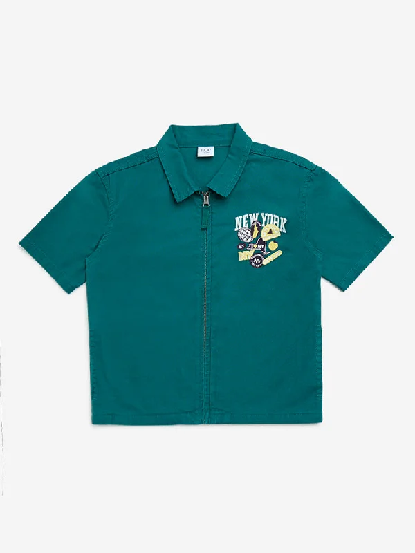 HOP Kids Teal Text Printed Cotton Shirt