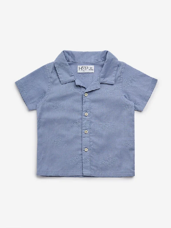 HOP Baby Blue Embroidered Cotton Blend Shirt