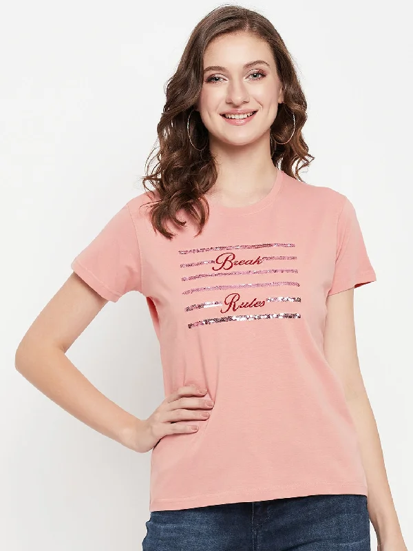 Women's Casual Regular Short Sleeve Peach Round neck Embroidery & Sequin Work T-Shirt