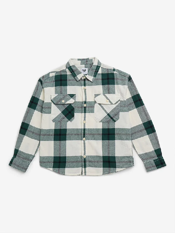 Y&F Kids Green Checks Printed Cotton Shirt