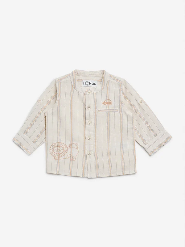 HOP Baby Beige Stripe Printed Cotton Shirt