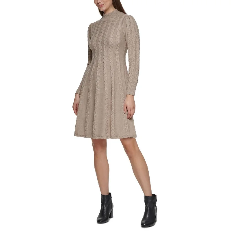 Petites Womens Cable Knit Mock Neck Sweaterdress