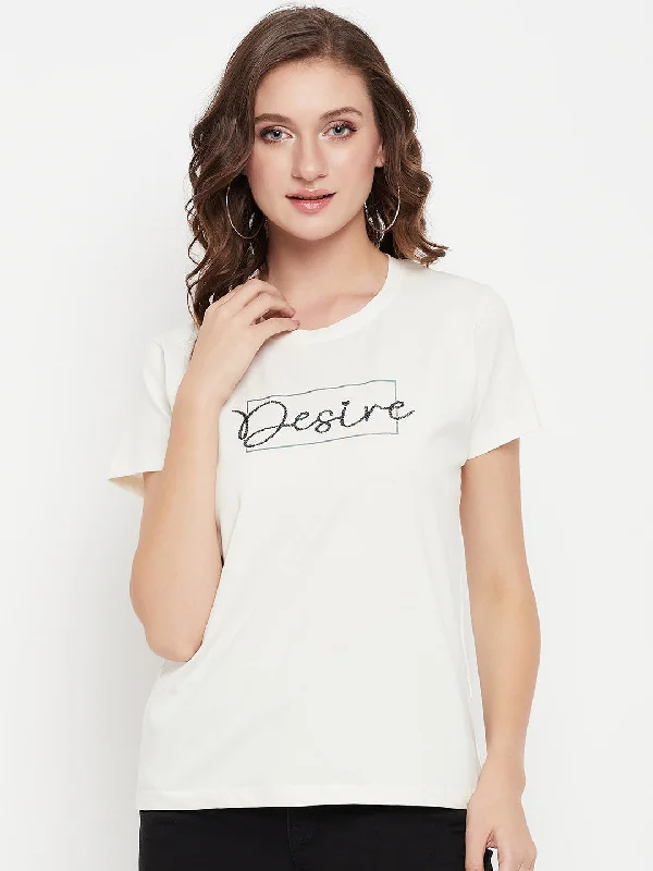 Women's Casual Regular Short Sleeve OffWhite Round neck Typographic Print T-Shirt