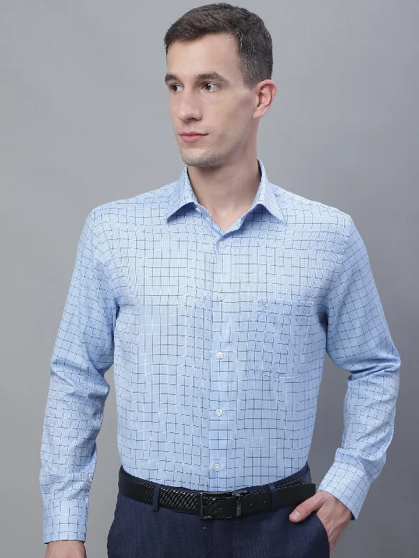 Men's Light Blue Formal Medium Checks Textured Full Sleeve Shirt