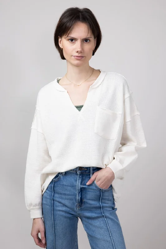 Blu Pepper Notched V-neck Knit Top for Women in Oatmeal | B3FT1034-OATMEAL