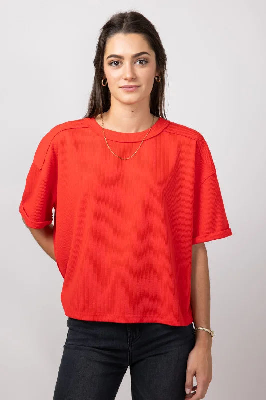 Blu Pepper Crewneck Ribbed Knit Shirt for Women in Red | B4ST1053-RED