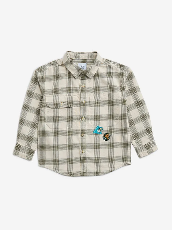 HOP Kids Olive Checkered Regular-Fit Cotton Shirt