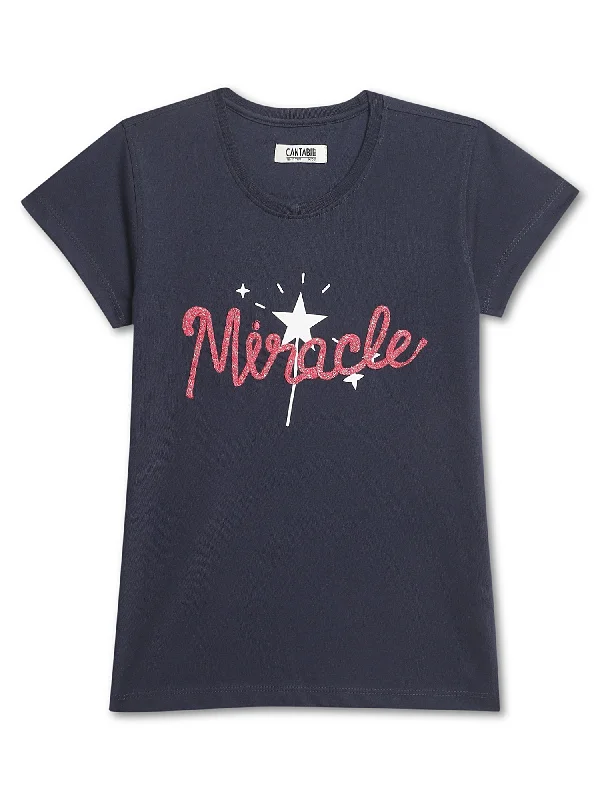 Girls Casual Navy Blue Half Sleeves  T-Shirt