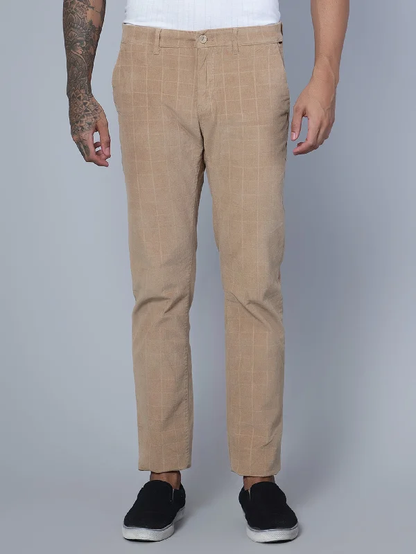 Men's Casual Flat front Khaki Corduroy Checks Trousers