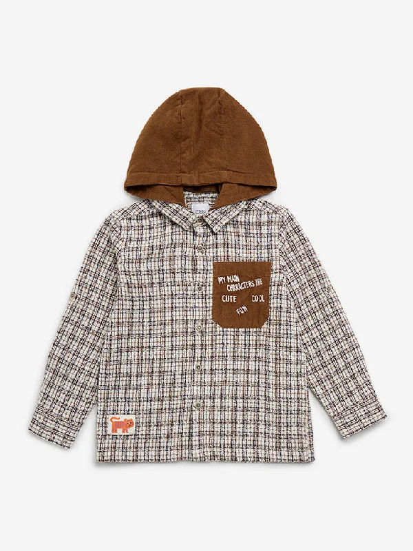 HOP Kids Brown Checks Design Hooded Cotton Shirt