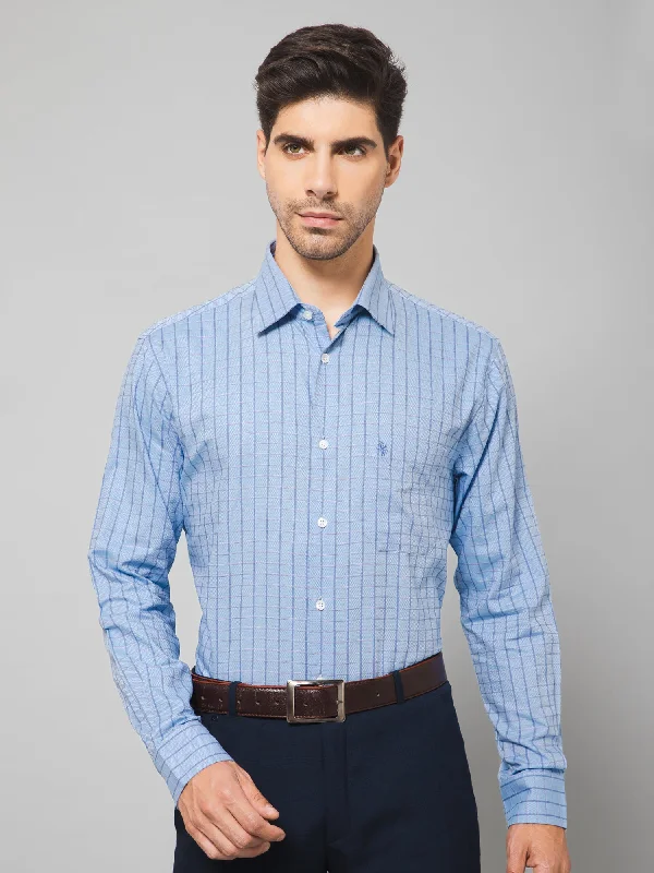 Men's Light Blue Formal Small Checks Textured Full Sleeve Shirt