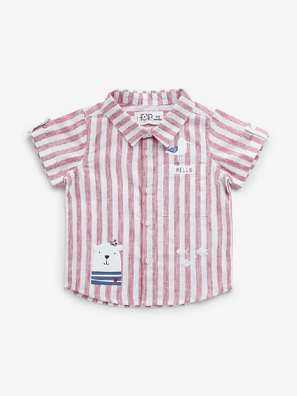 HOP Baby Red Striped Animal Embossed Cotton Shirt