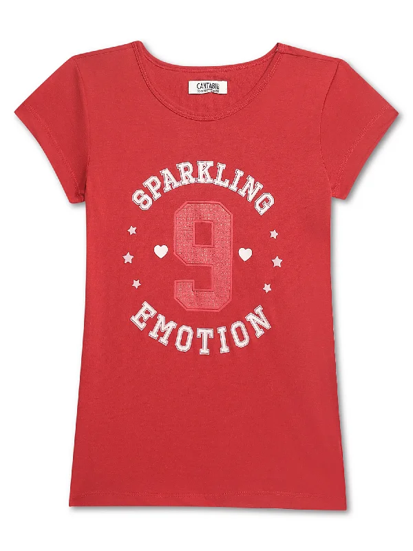 Girls Red Round Neck Printed T-Shirt