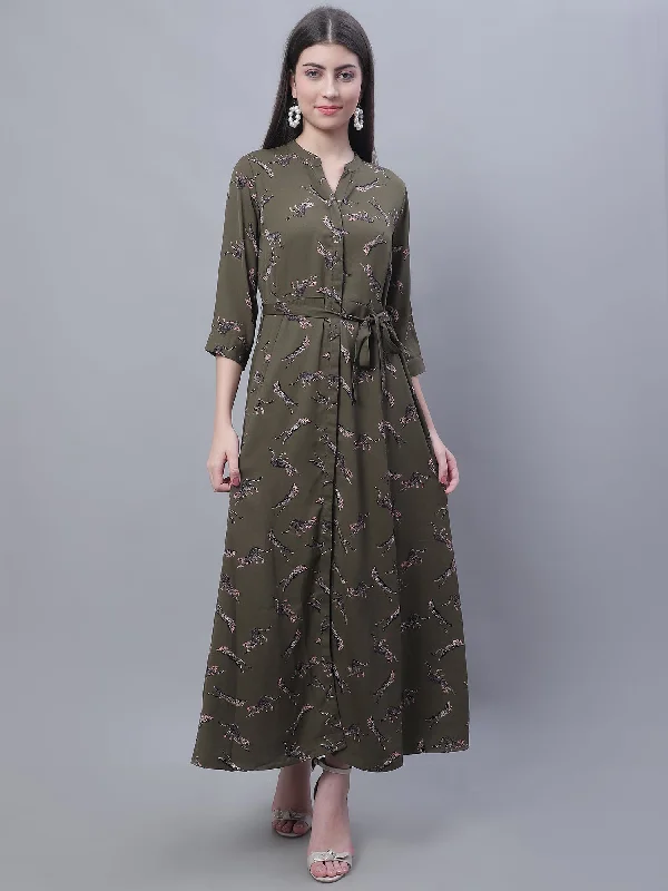 Women's Casual Mandarin collar Dull Green Animal Print Fit & Flared Dress