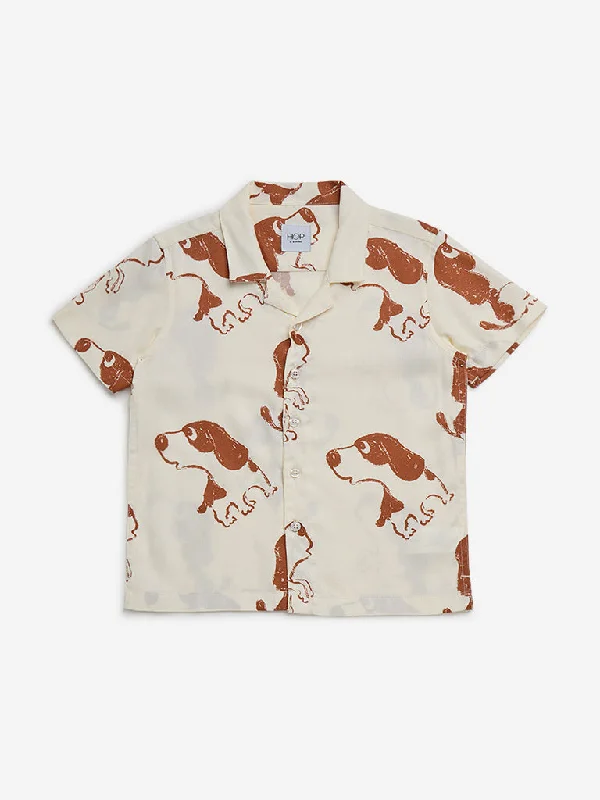 HOP Kids Beige Animal Printed Resort-Fit Shirt