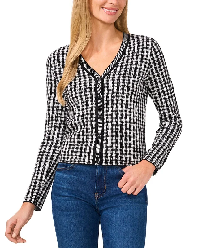 CeCe Gingham Print V Neck Cardigan