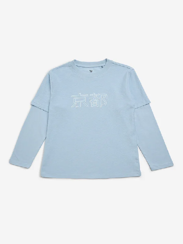 Y&F Kids Light Blue Text Printed Cotton T-Shirt