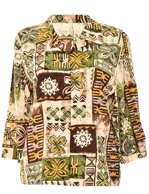 Brown & Green Patterned Blouse - L