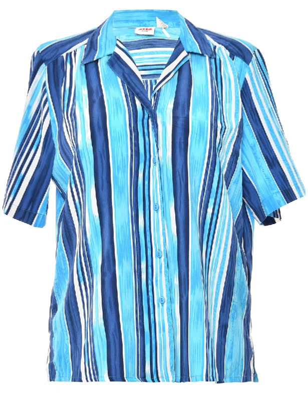 Button-Front Blue Striped Blouse - L