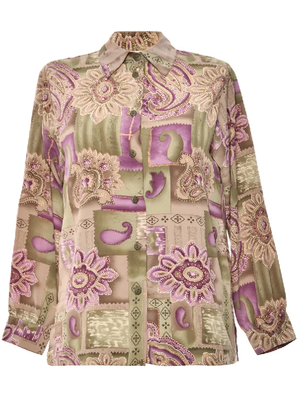 Long-Sleeved Green & Purple Paisley Blouse - M