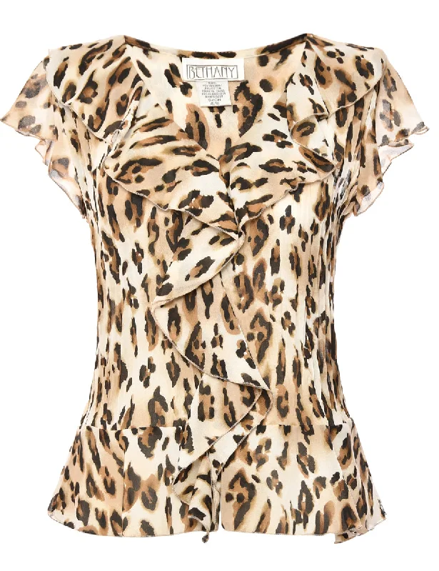 Ruffle Front Animal Print Brown Blouse - S