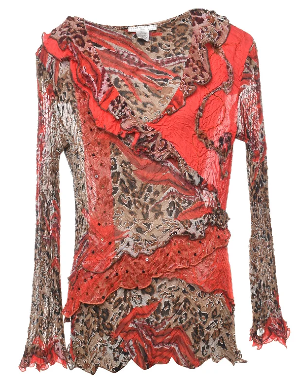 Animal Print Y2K Multi-Colour Frilly Top - M