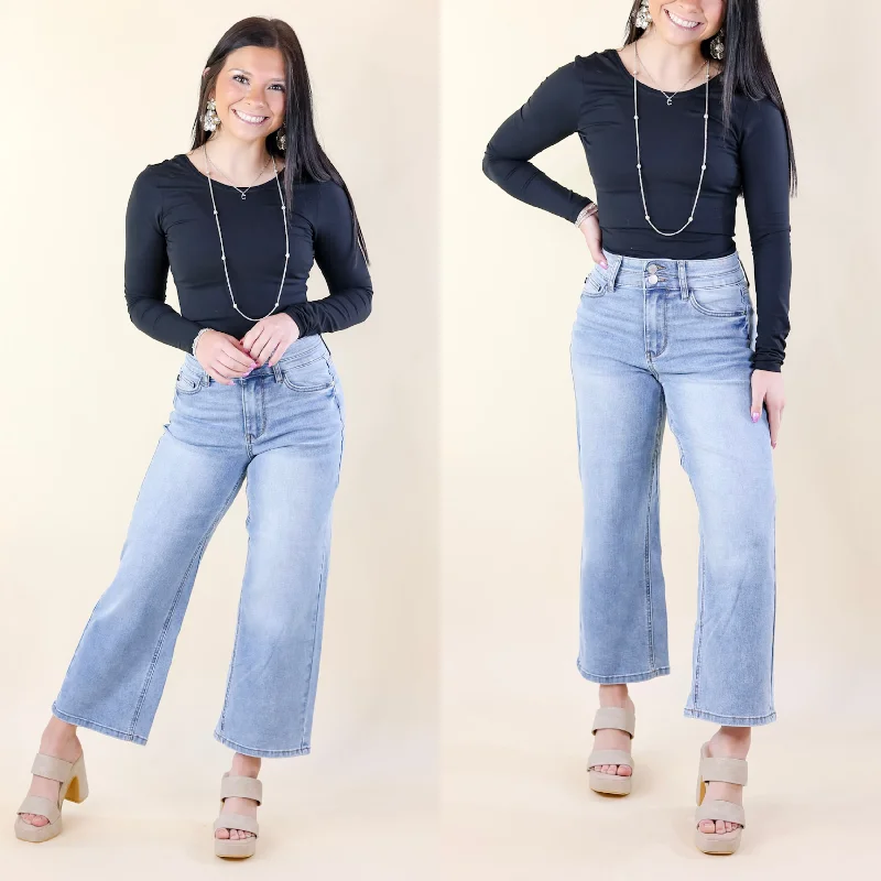 Judy Blue | Fashion Forward Double Waistband Wide Leg Cropped Jeans in Medium Wash