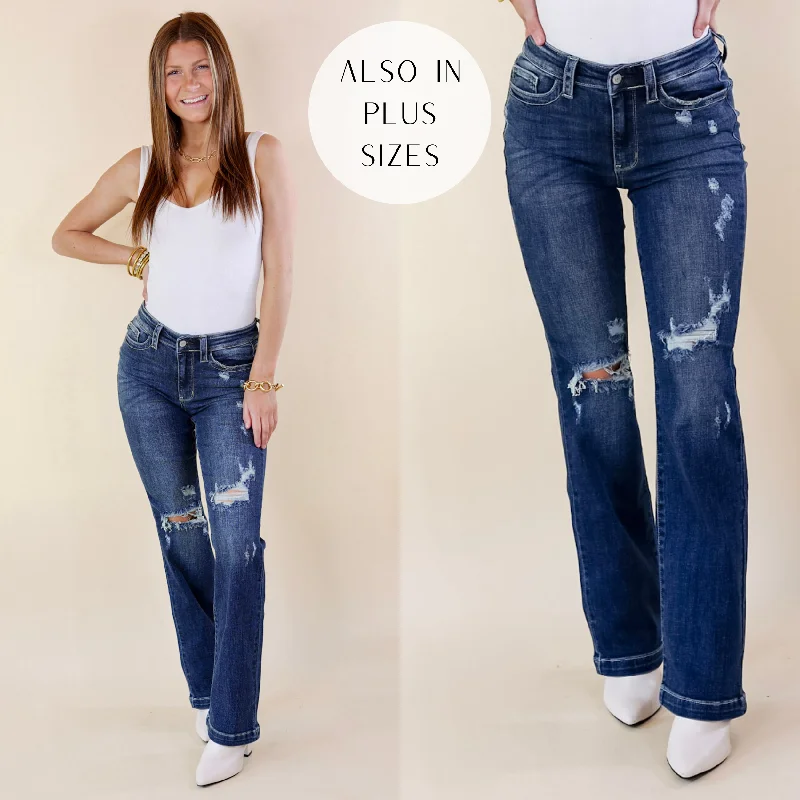 Last Chance Size 20W | Judy Blue | Mostly Magic Distressed Bootcut Jeans in Dark Wash