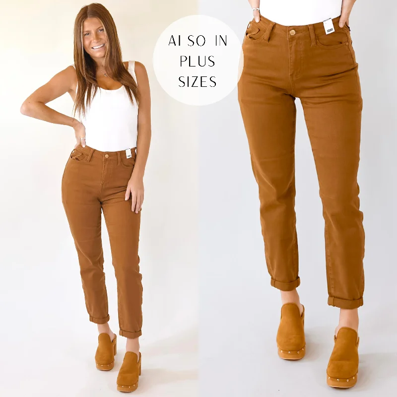 Last Chance Size 0, 1, 3, 15 & 22W | | Judy Blue | Celebrate Everyday Slim Fit Jeans with Cuffed Hem in Brown