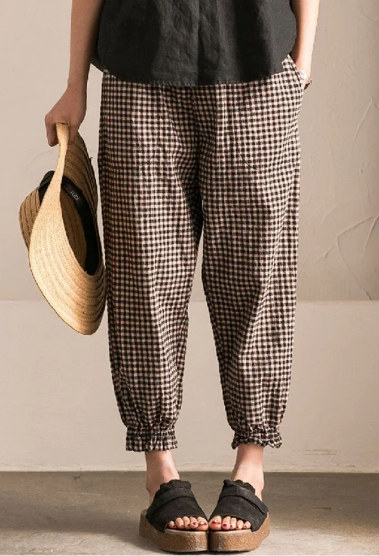 Art Casual Black White Grid Pants Cotton Women Clothes